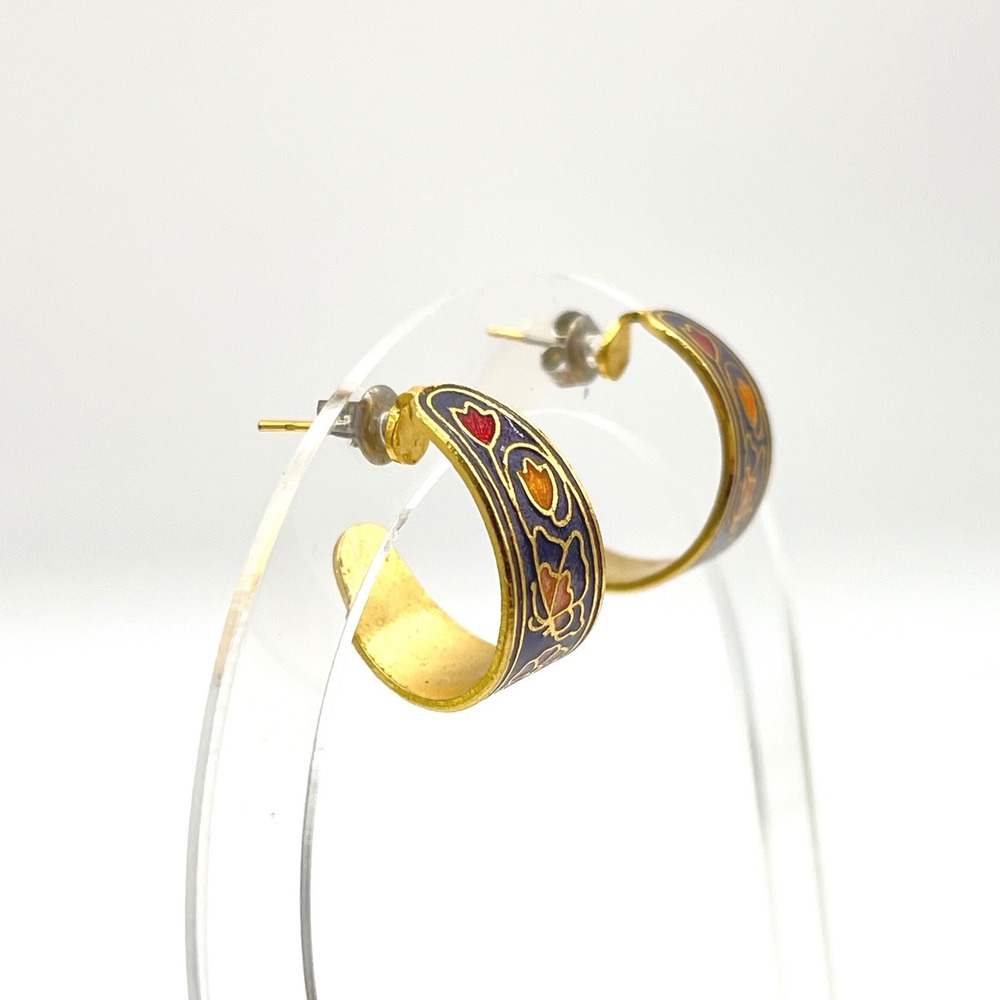 Vintage Cloisonne Enamel Floral Butterfly Hoop Earrings Gold Tone Navy Blue - Picture 7 of 8